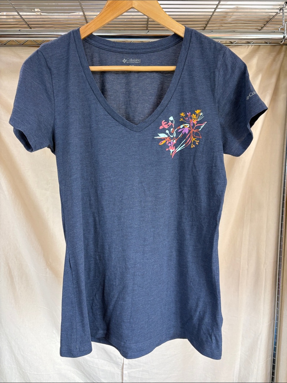 Columbia Navy V-Neck Short Sleeve Tee with Floral Chest Accent